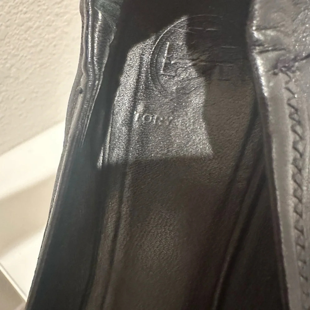 Tory Burch Reva Black Leather Ballet Flats Silver Logo Size 8.5
